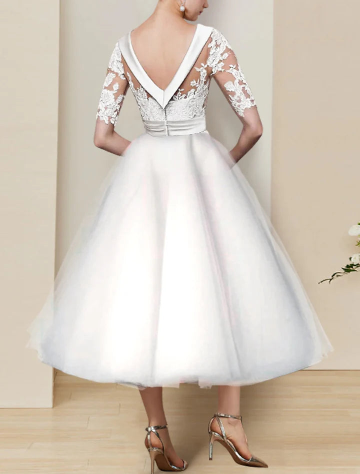 Wholesale Ball Gown Scoop Tea-Length Lace Wedding Dress